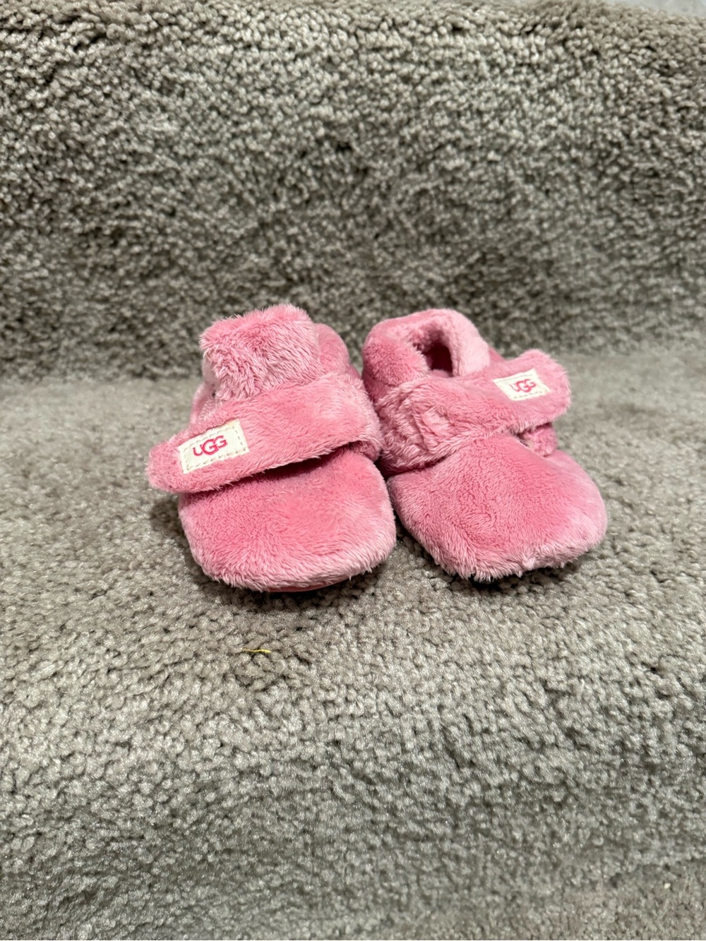 UGG Pink Fuzzy Baby Slippers with Hook Strap